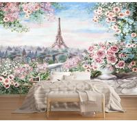 Photo Wallpaper Eiffel Tower Paris Floral City Wall Mural 3D Wall Mural Decoration Poster Premium Non-Woven Wallpaper Wall Art for Living Room Bedroom Children's Room Office W250xH175cm 1yf129