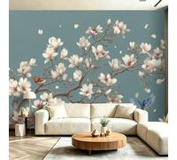 Photo Wallpaper Elegant Magnolia Flower & Bird Branch Pattern Non-Woven Wall Mural 200 x 140 cm 3D Wallpaper Roll Mural, Bedroom Art Poster Mural Wallpaper Botanical FreshBlue
