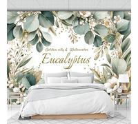 Photo Wallpaper Eucalyptus Leaf and Floral Print 200 X 150 Cm 3D Wall Mural Non-Woven Modern Light Luxury Style Wall Mural Photo Wallpaper Decoration Poster for Living Room Kids Bedroom, Sage Green