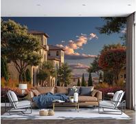 Photo Wallpaper European Manor Scenery 300x210cm 3D Effect Wall Mural European Villas Stone-Paved Roads Silk Art Print Decoration Poster Picture Design for Living Room, Bedroom Office, Warm Brown