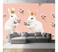 Photo Wallpaper Fairy Tale Rabbit Daisy Mural Panoramic 157.5" x 110.2" Decoration Wallpaper for Living Room Bedroom Children's Room Pink White