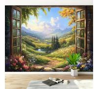 Photo Wallpaper Fake Window Mountain Non-Woven Matt Paste the Wall Mural | Wipeable Panoramic Mural Wallpaper Countryside Landscape Waterproof Wall Art 500x280 cm for Living Room Bedroom Kid Room F69