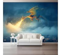 Photo Wallpaper Fantasy Dragon Flame City Non-Woven Premium Art Print Fleece Wall Mural Decoration Poster Picture Design 300 x 210 cm Murals for Living Room Kids Bedroom, Blue Yellow