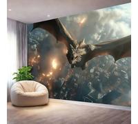 Photo Wallpaper Fantasy Dragons City Architecture Fire Wall Murals Wallpaper, Grey Decor Wall Mural for Living Room Bedroom Children's Room Home Decoration, 300 x 210 cm