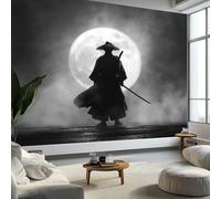 Photo Wallpaper Fantasy Moon Asian Samurai 200 x 140 cm Mural Large TV Background - Black and White Non-Woven 3D Murals for Living Room Bedroom Decoration Poster Wall Covering
