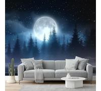 Photo Wallpaper Fantasy Moon Pine Forest Stars Non-Woven Premium Art Print Fleece Wall Mural Decoration Poster Picture Design 350 x 256 cm Murals for Living Room Kids Bedroom, Blue Silver