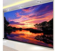 Photo Wallpaper Fantasy Sunset 350 X 256 Cm Self-Adhesive Birds Flying by Lake Mural Decoration Poster Picture Design for Bedroom Living Room Sofa Tv Background, Large Mural & Room Decor Orange Color
