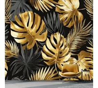 Photo Wallpaper Fashion Luxury Tropical Leaves Theme, Non-Woven Art Print Wallpaper 200 x 140 cm, Modern Wall Mural Design for Living Room Kids Bedroom Photo Wall Decoration, Golden