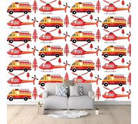 Photo Wallpaper Fire Truck and Plane 3D Effect Cartoon Boy for Kids Wall Mural Decoration Poster Picture Modern Design 150x105 cm Murals Wall Art for Living Room Bedroom Kitchen a-5921