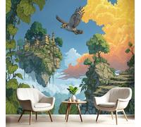 Photo Wallpaper Floating Castles Flying Birds 350 × 256 Cm - Wall Mural Deco Art Print Wallpaper For Living Room - Home Decoration Bedroom Kitchen Wall Paper - Fantasy Landscape Painting-Green Orange