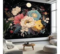 Photo Wallpaper Floral Celestial Moon Rose Plant 300 x 210 cm Black Wall Mural, Non-Woven Fleece Modern Print Murals Wall Art for Bedroom Living Room Home Decor