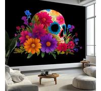 Photo Wallpaper Floral Gothic Sugar Skull 250 x 175 cm Mural Large TV Background - Black Non-Woven 3D Murals for Living Room Bedroom Decoration Poster Wall Covering