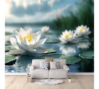 Photo Wallpaper Flowers 350 x 256 cm / 137.8" x 100.7" - Non-Woven Premium Art Print Fleece Wall Mural Decoration Poster Picture Design Modern - White Flowers in The Pond a-B-3267-a-C
