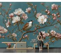 Photo Wallpaper Flowers, Branches, and Birds 300 X 210 Cm 3D Wall Mural Non-Woven Eastern Elegance Wall Mural Photo Wallpaper Decoration Poster for Living Room Kids Bedroom, Blue-Green