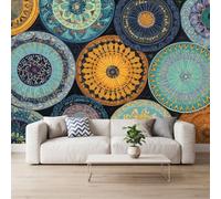 Photo Wallpaper for Boys Girls Geometric Ethnic Print Flowers 400 x 280 cm | Wall Mural Deep Blue Orange Mandala Fashion Home Decoration for Living Room Bedroom Children's Room Office