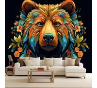 Photo Wallpaper for Living Room 200x140cm Bear Flower Bush Vintage Wallpaper Oil Painting Series 3D Optical Effect Optical Illusion Wall Decorative Wall Art Photomurals Bubble-Free Scratch-Resistant