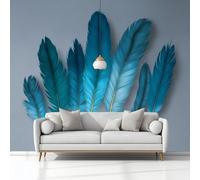 Photo Wallpaper for Living Room, Wall Murals for Bedrooms Blue-Green Feathers Grey Non-Woven Panoramic Wall Art Background Decorative 300x210 cm