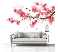 Photo Wallpaper for Living Room, Wall Murals for Bedrooms China Watercolor Pink Flowers White Non-Woven Panoramic Wall Art Background Decorative 250x175 cm