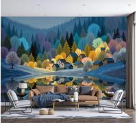 Photo Wallpaper Forest Lake Reflection 300x210cm 3D Effect Wall Mural Winter Snow Village Silk Premium Art Print Decoration Poster Picture Design for Living Room, Bedroom Office Wall Decor, Blue-Green