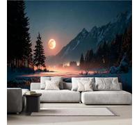 Photo Wallpaper Forest Mountain 350x256 cm Non-Woven Wall Mural 3D Night View Moon Wallpaper Murals for Living Room,Bedroom,Kids Room,Office,TV Background Home Decor R-180