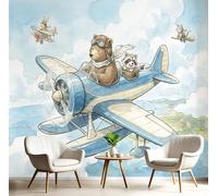 Photo Wallpaper Forest Raccoon Pilot 400 × 280 Cm - Wall Mural Deco Non-Woven Art Print Wallpaper For Living Room - Home Decoration Bedroom Kitchen Wall Paper - Fairy Tale Watercolor-Light Blue