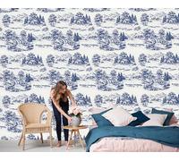 Photo Wallpaper French Pastoral Style 300x210cm 3D Effect Wall Mural Retro Trees And Mountains Silk Premium Art Print Decoration Poster Picture Design for Living Room, Bedroom Office Wall Decor, Blue