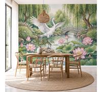 Photo Wallpaper Fresh And Natural Scenery Panoramic Mural 450x315cm | Silk Wall Murals, Egrets In The Pond And Lotus Flowers Wall Breakout Wallpaper for Living Room Kitchen Dining Room Bedroom Hallway