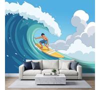 Photo Wallpaper Giant Wave Surfer Panoramic Mural 390 x 260 cm | Non-Woven Wall Murals, Summer Beach Wallpaper for Living Room Kitchen Dining Room Bedroom Hallway