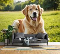 Photo Wallpaper Golden Retriever Dog Non-Woven Matt Paste the Wall Mural | Wipeable Panoramic Mural Wallpaper Pet Meadow Waterproof Wall Art 150x105 cm for Living Room Bedroom Kid Room J392