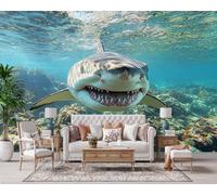 Photo Wallpaper Great White Shark Non-Woven Matt Paste the Wall Mural | Wipeable Panoramic Mural Wallpaper Underwater Animal Waterproof Wall Art 400x280 cm for Living Room Bedroom Kid Room L292