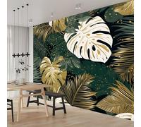 Photo Wallpaper Green and Golden Monstera Leaves 350 x 256 cm (W x H) - Non-Woven Premium Art Print Fleece Wall Mural Decoration Poster Picture Design Tropical Leaves for Living Room, Bedroom, Office