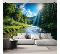 Photo Wallpaper Green Forest River Non-Woven Matt Paste the Wall Mural | Wipeable Panoramic Mural Wallpaper Sunbeam Landscape Waterproof Wall Art 200x140 cm for Living Room Bedroom Kid Room M113