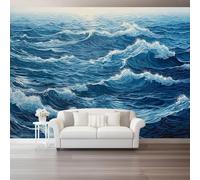Photo Wallpaper Hand Drawn Animation Sea Waves Non-Woven Premium Art Print Fleece Wall Mural Decoration Poster Picture Design 400 x 280 cm Murals for Living Room Kids Bedroom, Navy