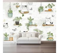Photo Wallpaper Hand Drawn Cat Cactus and Butterfly Non-Woven Premium Art Print Fleece Wall Mural Decoration Poster Picture Design 350 x 256 cm Murals for Living Room Kids Bedroom, White Green