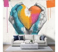 Photo Wallpaper Hands Holding Heart 200 x 140 cm Wall Mural | Graffiti Street Art Non-Woven Wallpaper Murals for Living Room Bedroom Kitchen Office TV Background Decor