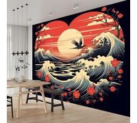 Photo Wallpaper Heart-Shaped Landscape Cranes Flowers Ocean Waves 450 x 280 cm (W x H) - Non-Woven Premium Wall Mural Decoration Poster Picture Design Ukiyo-E Style for Living Room, Bedroom, Office