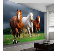 Photo Wallpaper Hyperrealistic Animals 300 X 210 Cm Non-Woven Darkness Grassland Horse Mural Decoration Poster Picture Design for Room Tv Background Self-Adhesive, DIY Wallpaper Decorate Multicolor
