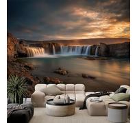 Photo Wallpaper Iceland Sunset Waterfall Landscape 350 x 256 cm Yellow Wall Mural, Non-Woven Fleece Modern Print Murals Wall Art for Bedroom Living Room Home Decor