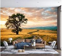 Photo Wallpaper Italian Countryside 3D Effect Panoramic Mural Sunset Over The Fields And Oak Trees Wall Paper for Bedroom, Living Room, Restaurant, Cafe Fireplace Wall Decoration, 350x256cm Golden
