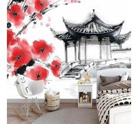 Photo Wallpaper Japanese Cherry Blossoms 3D Effect Flowers and Asian Sun Wall Mural Decoration Poster Picture Modern Design 250x175 cm Murals Wall Art for Living Room Bedroom Kitchen a-3843
