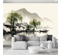 Photo Wallpaper Jiangnan Water Town Willow Tree House 450 x 280 cm Non-Woven Art Wall Mural, Chinese Ink Wash Painting Mural Modern Decoration Wallpaper Poster for Sofa Hotel TV Background Office