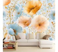 Photo Wallpaper Khaki 300 x 210 cm - Retro Wall Mural Deco, Premium Non-Woven Watercolor Floral Poppy Print Wallpaper for Living Room Home Decoration Bedroom Kitchen Wall Paper