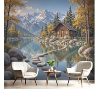 Photo Wallpaper Lakeside Wooden House 300×210cm - Wall Mural Deco Premium Non-woven Art Nature Mountains Forests Print XXL Wallpaper for Living Room, Modern Home Decoration Bedroom Wall Paper