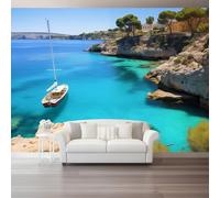 Photo Wallpaper Landscape Sea Island Non-Woven Premium Art Print Fleece Wall Mural Decoration Poster Picture Design 400 x 280 cm Murals for Living Room Kids Bedroom, Blue Brown