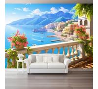 Photo Wallpaper Landscape Sea Mountains Buildings Non-Woven Premium Art Print Fleece Wall Mural Decoration Poster Picture Design 200 x 140 cm Murals for Living Room Kids Bedroom, Blue Brown