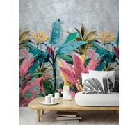 Photo Wallpaper leaves tropics plaster look grey blue pink 81601 (5,50£/1qm)