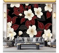 Photo Wallpaper Line Art 450 x 280 cm (W x H) - Premium Non-Woven Wall Mural 3D Print White Jasmine Red Leaves for Kids Bedroom Living Room Office Home Decoration