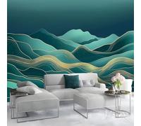 Photo Wallpaper Line Art Wall Decor, 450 x 280 cm - Premium Non-Woven 3D Art Print Kids Bedroom Home Poster Decoration Poster Picture Design - Green Waves Mountains