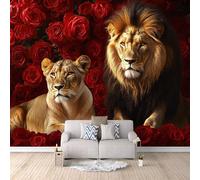 Photo Wallpaper Lion Red Flowers 150x105 cm 3D Printed Animal Wall Paper Non-Woven Fabric No Adhesive Backing Mural Wall Easy to Install Clean for Dining Room Interiors Poster Bedroom Accessories