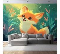 Photo Wallpaper Little Fox and Jungle Pattern 118" x 83"/300 x 210 cm(WxH), Non-Woven Wall Art Mural Cute Style Wallpaper for Bedroom Living Room Bathroom Adults, Not Peel and Stick, Orange Green